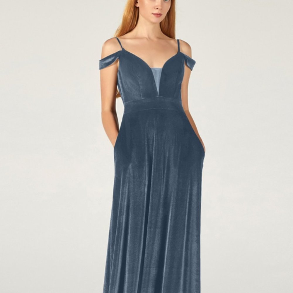 Cocomelody Raelynn A-line Velvet Bridesmaid/Prom Dress in Deep Dusty Blue